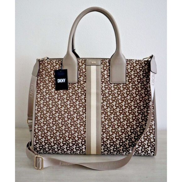DKNY R23AFW37 Women's Brown/Tan Carlita Tote Bag w/Shoulder/Crossbody Strap - Picture 1 of 11